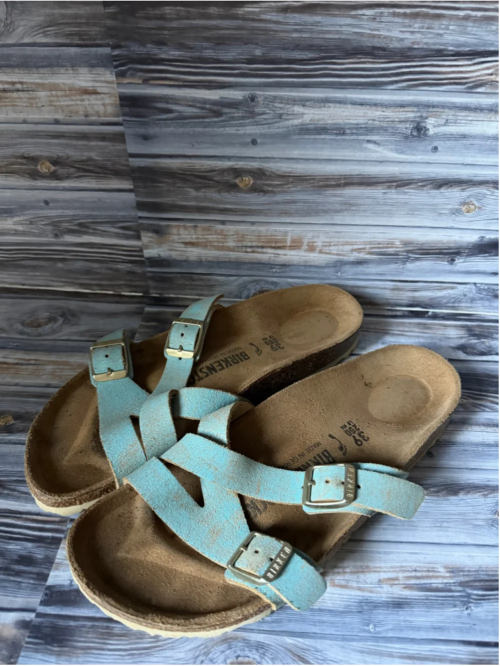 BIRKENSTOCK Yao Suede Leather Washed Metallic Aqua Sandals Sz 9